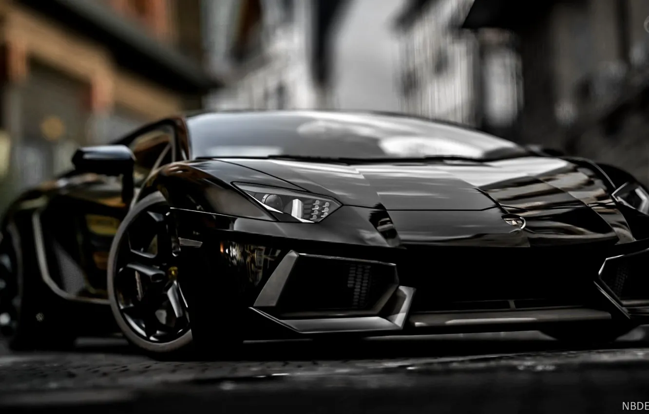 Photo wallpaper Black, Lamborghini, Power, Aventador, Blurred background, Sports car