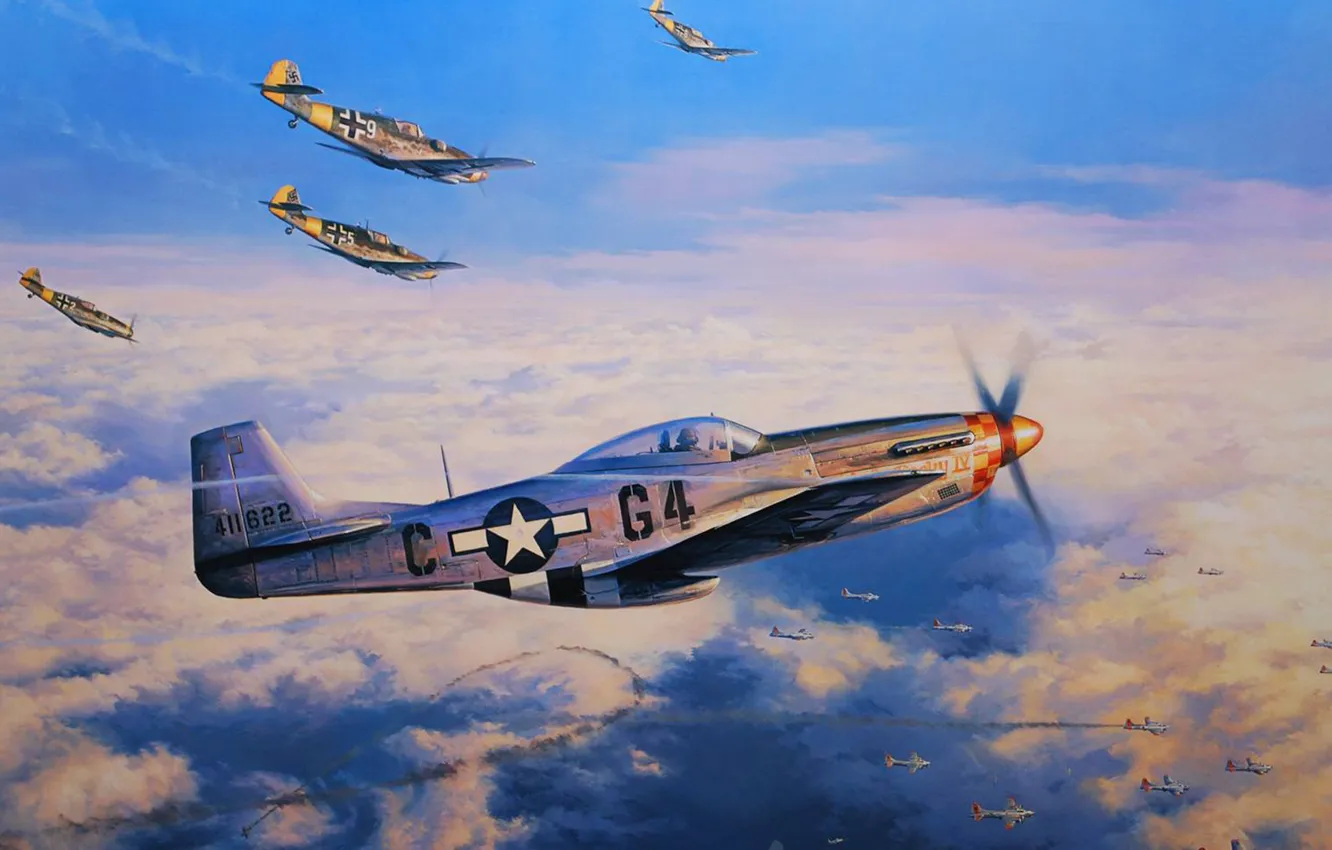 Photo wallpaper war, figure, Mustang, hot pursuit, plaque, fw-190, nicolas trudgian, b-17