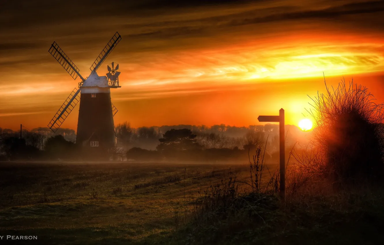 Photo wallpaper night, fog, mill