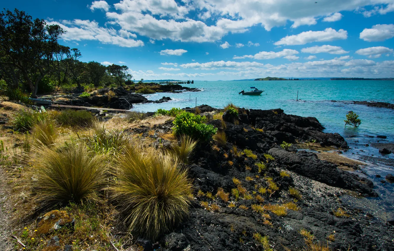 Photo wallpaper sea, the sky, clouds, coast, New Zealand, slntse, Rangitoto Island