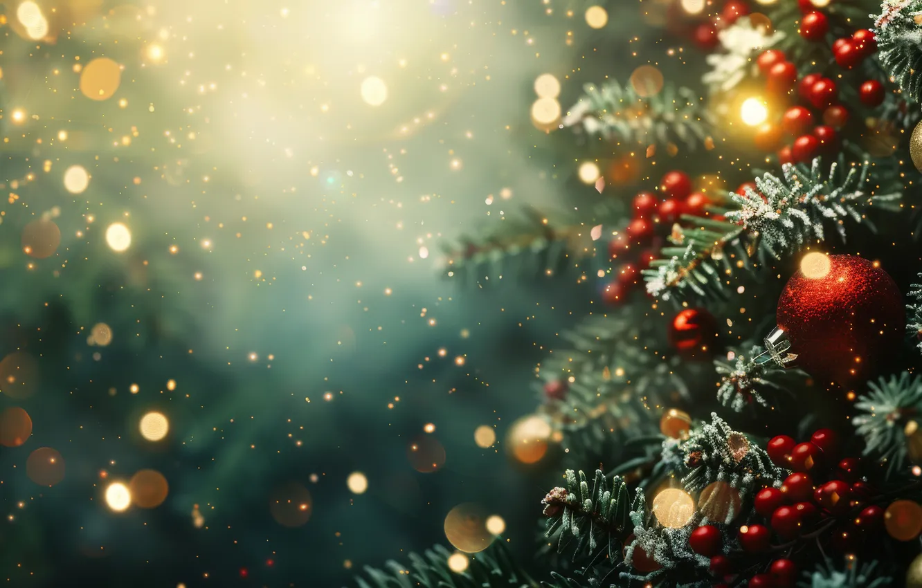 Photo wallpaper balls, branches, lights, holiday, new year, fruit, Christmas, garland