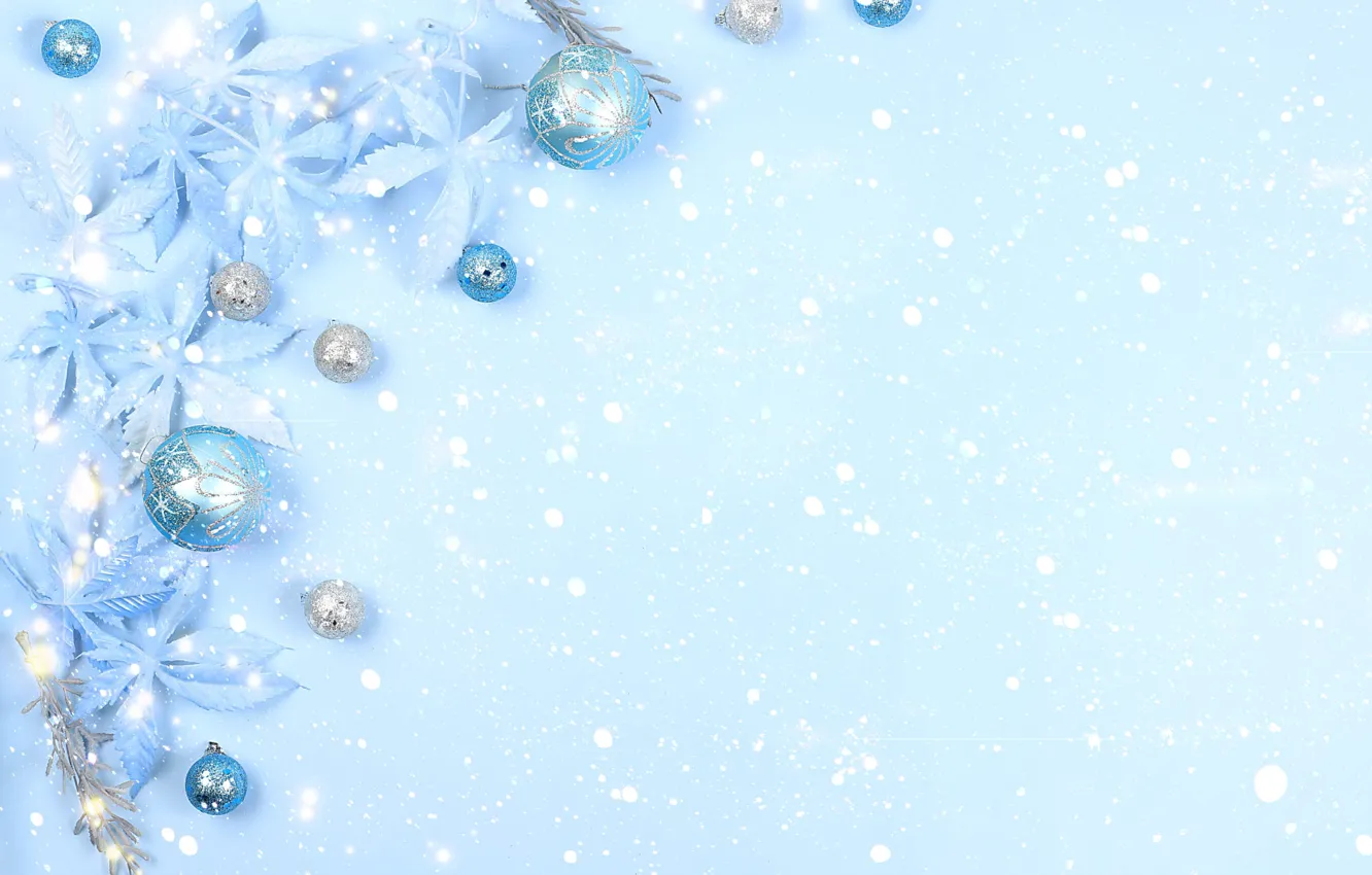 Photo wallpaper leaves, background, holiday, blue, color, Christmas, New year, snowfall