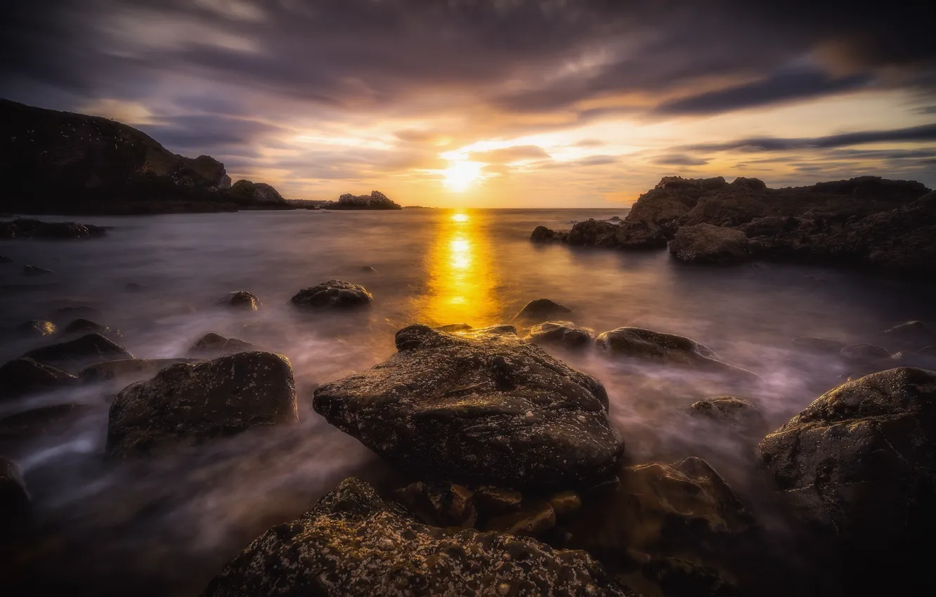 Photo wallpaper sunset, rocks, coast, Scotland, Moray Firth, Shotlandiya, Portknockie