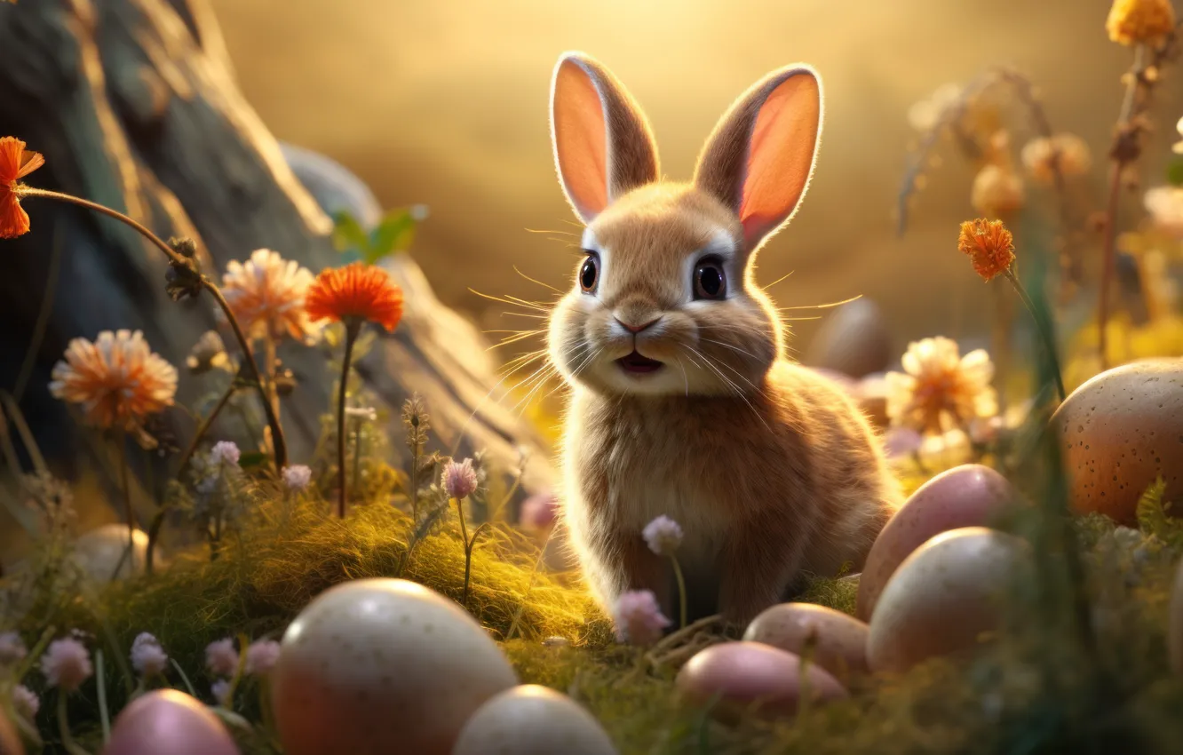 Photo wallpaper look, light, flowers, nature, holiday, glade, hare, eggs