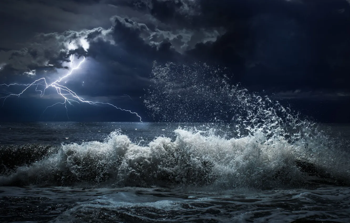 Photo wallpaper the storm, wave, the sky, landscape, night, clouds, storm, nature