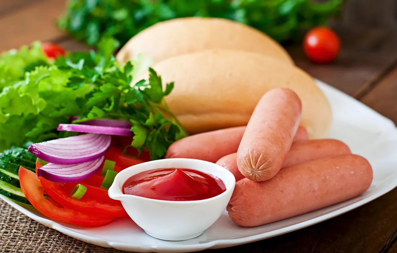 Photo wallpaper greens, sausage, pepper, vegetables, buns
