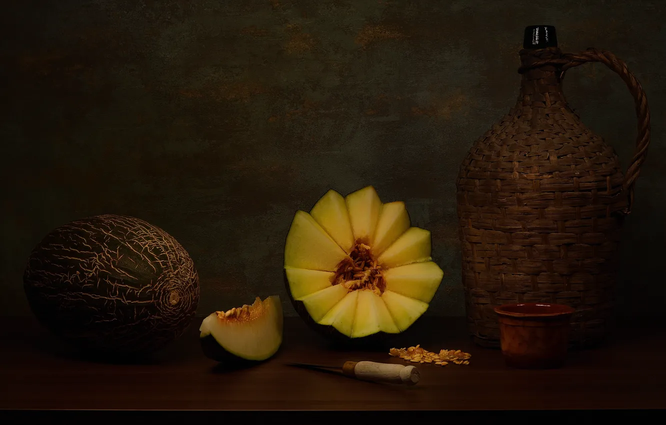 Photo wallpaper the dark background, still life, table, knife, bottle, melon, wine