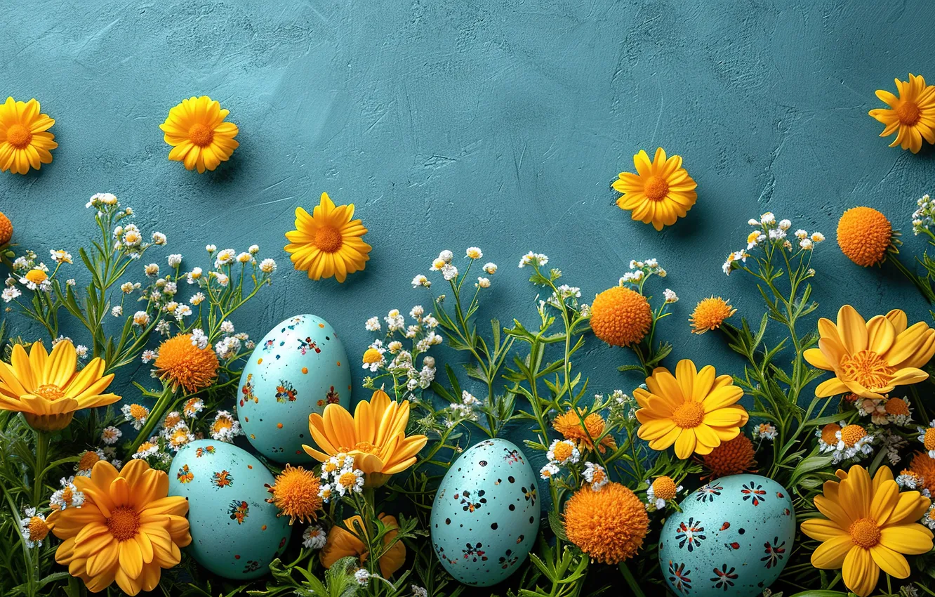 Photo wallpaper flowers, eggs, spring, colorful, Easter, flowers, spring, Easter