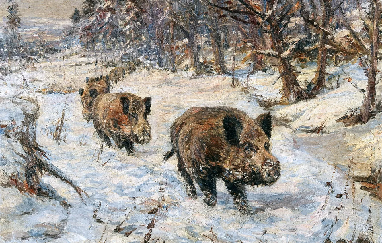 Photo wallpaper winter, snow, trees, picture, boar, German artist, Wilhelm Lorenz, Wilhelm Lorenz
