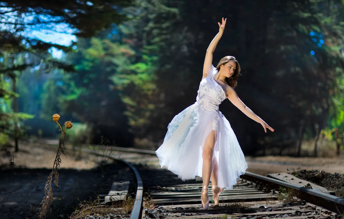 Photo wallpaper girl, dance, railroad, ballerina