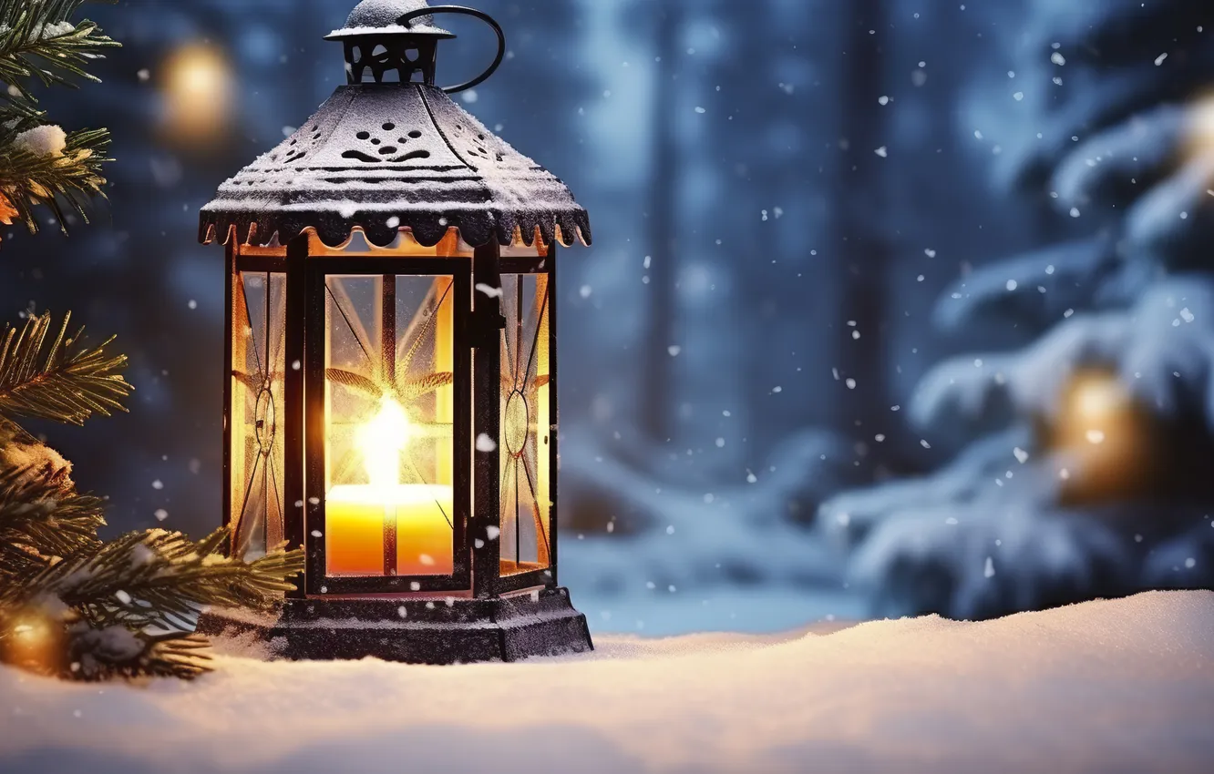 Photo wallpaper winter, snow, night, new year, Christmas, lights, Christmas, night