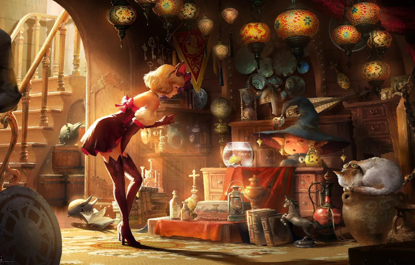 Photo wallpaper cat, girl, hat, armor, anime, art, flashlight, shop