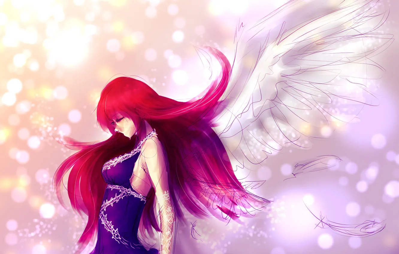 Photo wallpaper girl, wings, angel, anime, dress, profile, red hair