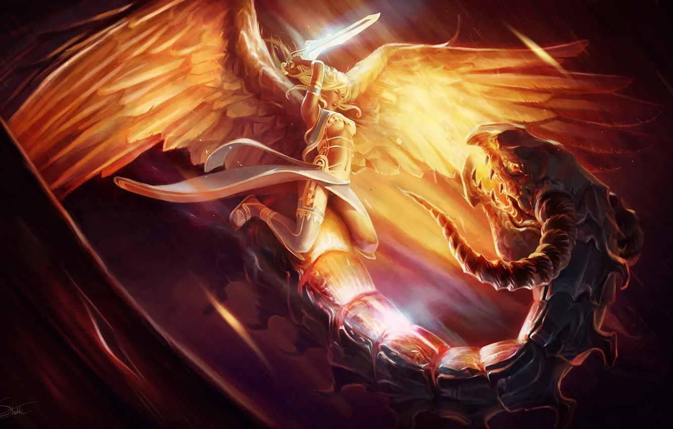 Photo wallpaper light, angel, sword, the demon, art, blow