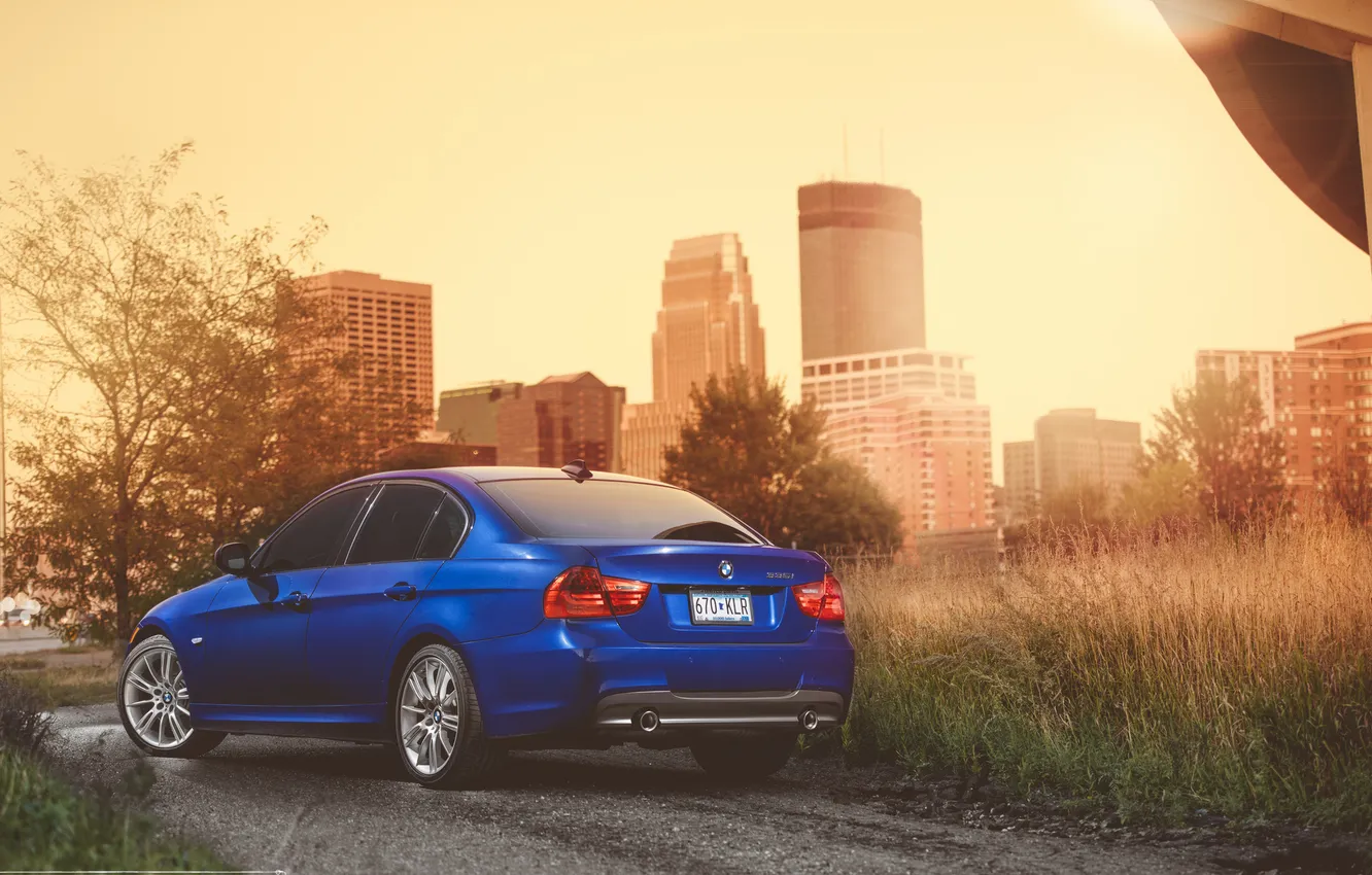 Photo wallpaper blue, the city, BMW, BMW, blue, Sport, E90, The 3 series