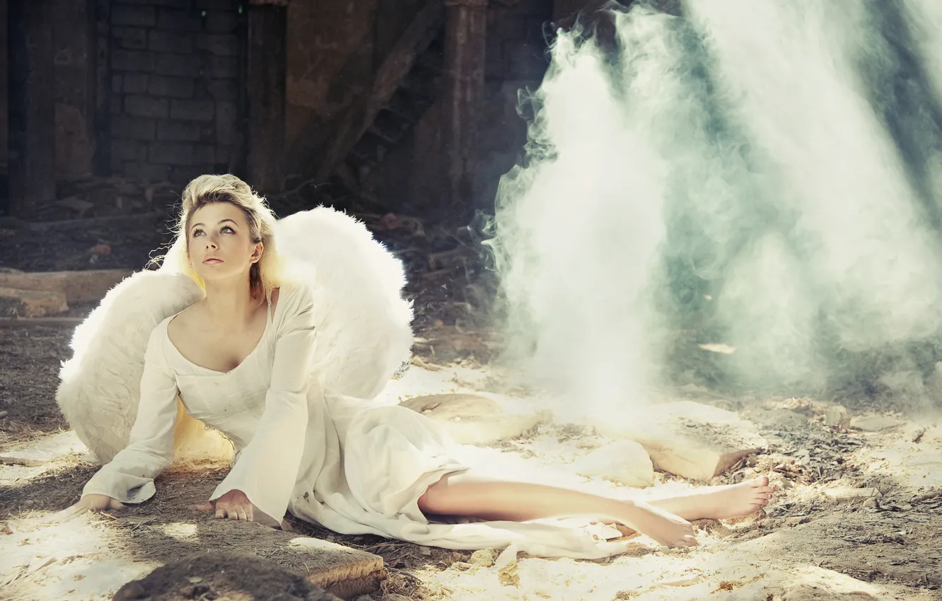 Photo wallpaper girl, pose, fog, wings, angel