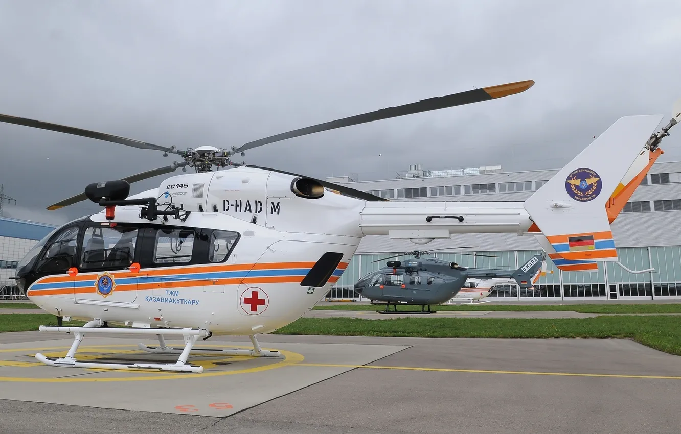 Photo wallpaper plant, helicopter, Eurocopter, EC145, EC-145, EC 145, Ministry of emergency situations of Kazakhstan