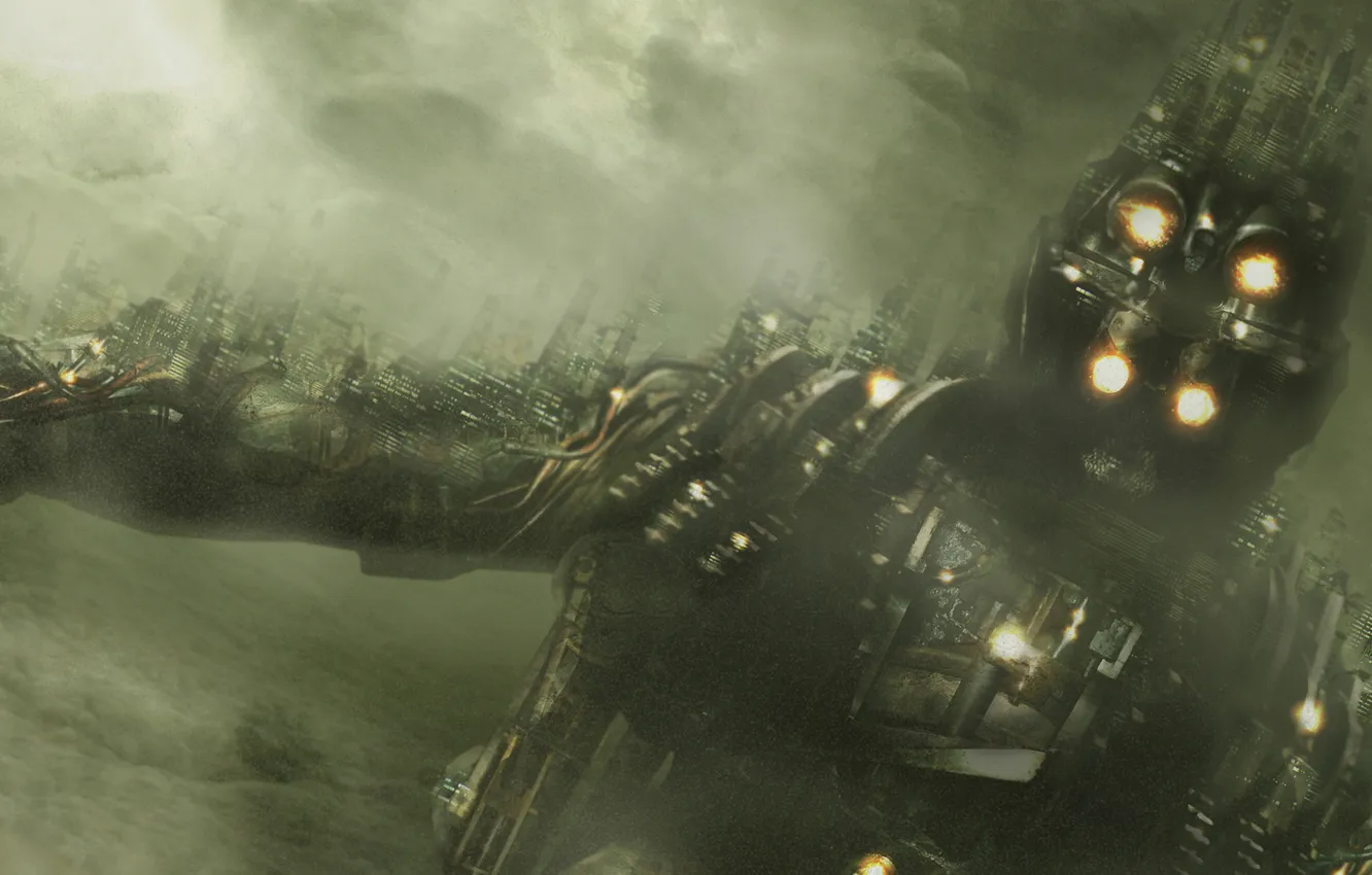 Photo wallpaper the city, lights, fog, robot