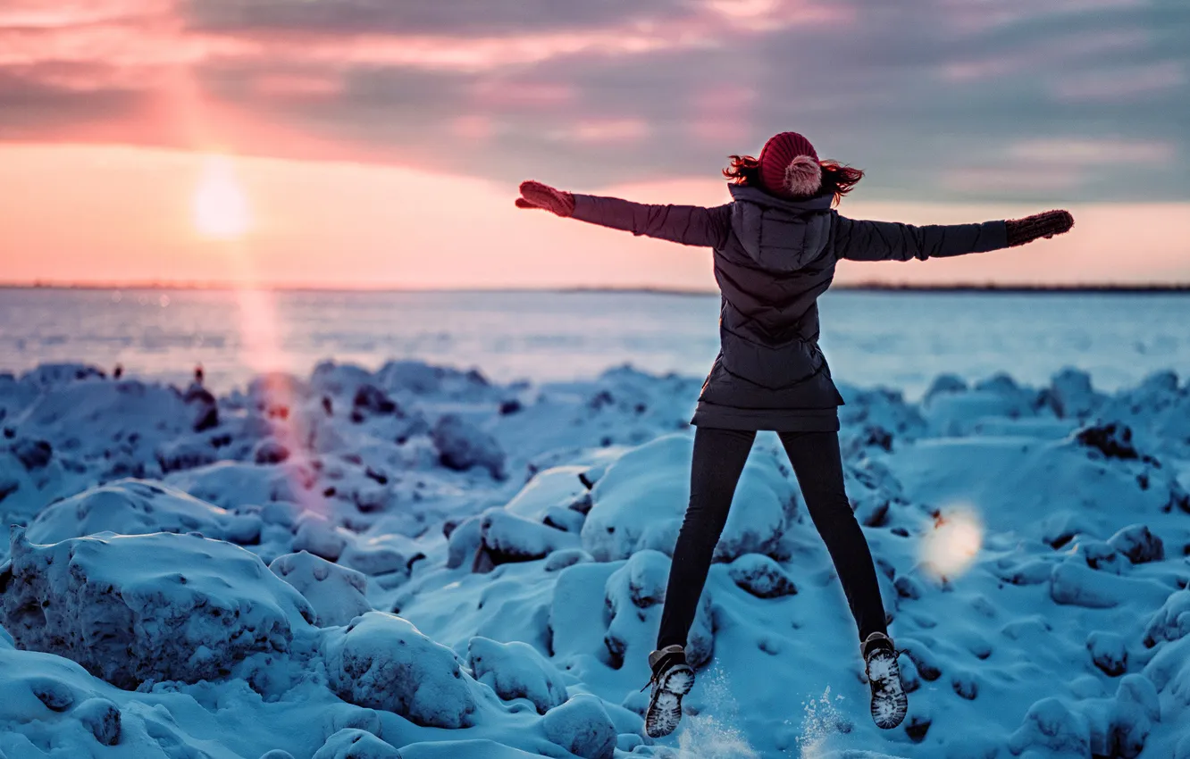 Photo wallpaper winter, girl, snow, joy, jump, frost, Russia