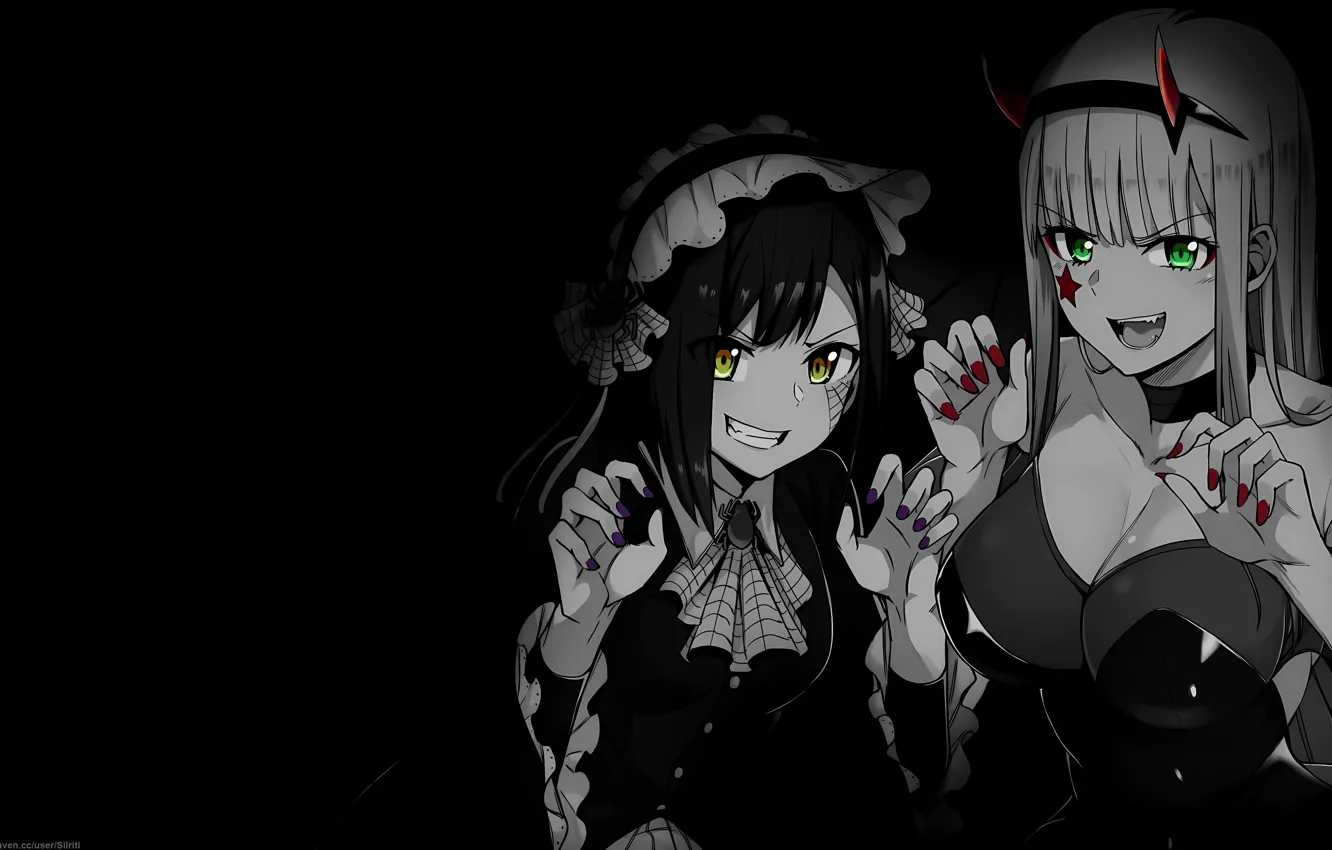 Photo wallpaper girl, smile, the game, anime, black background, grimace, girlfriend, two girls