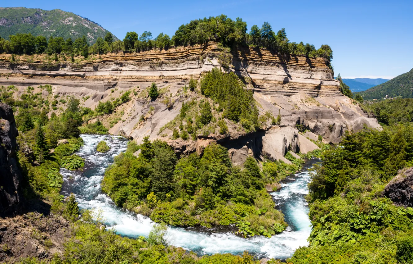 Photo wallpaper forest, trees, mountains, rocks, river, Sunny, Chile, Conguillio National Park
