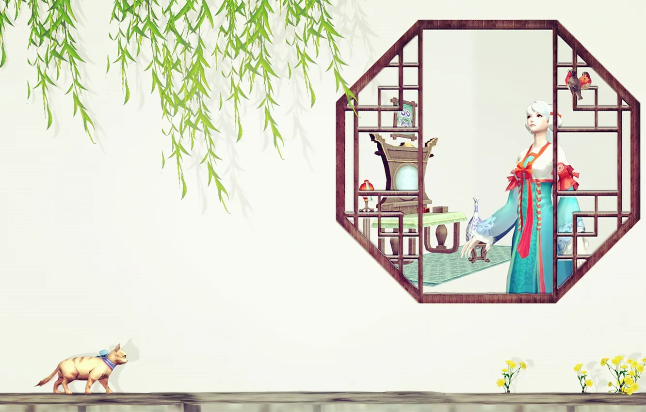 Photo wallpaper cat, leaves, girl, branch, spring, window, art, IVA