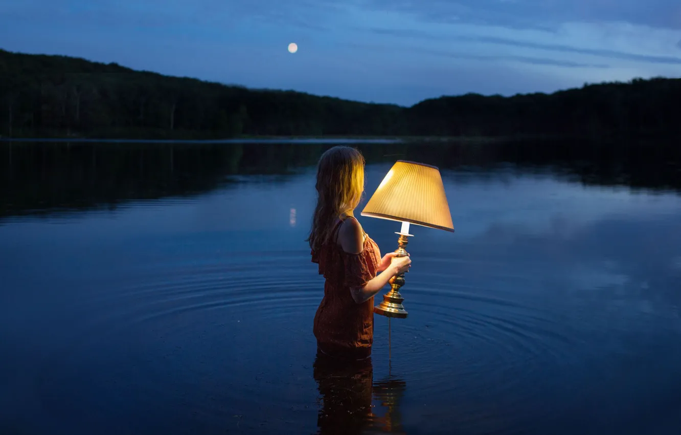 Photo wallpaper girl, night, lake, mood, lamp, the situation