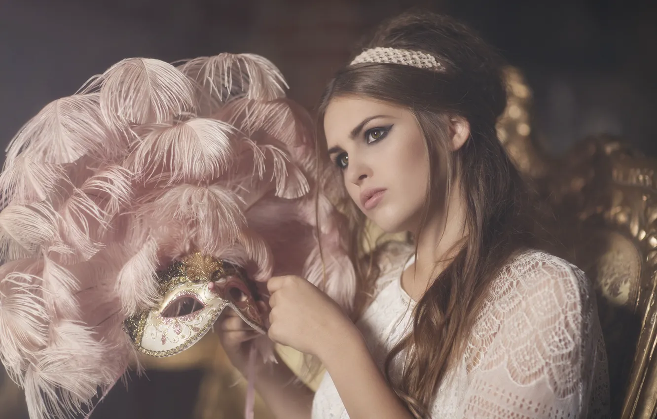 Photo wallpaper girl, style, mood, feathers, mask