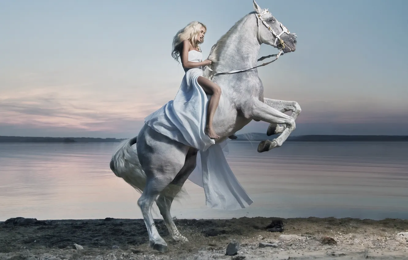 Photo wallpaper girl, lake, horse, dress, rider, rider
