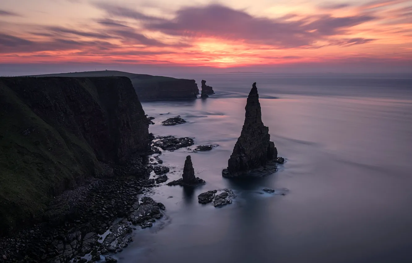 Photo wallpaper sea, clouds, rocks, Scotland, glow, Duncansby Head