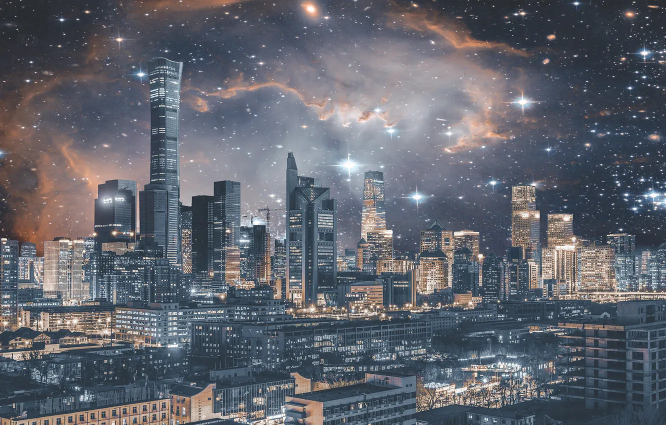 Photo wallpaper the sky, space, stars, night, the city, lights, lights, rendering