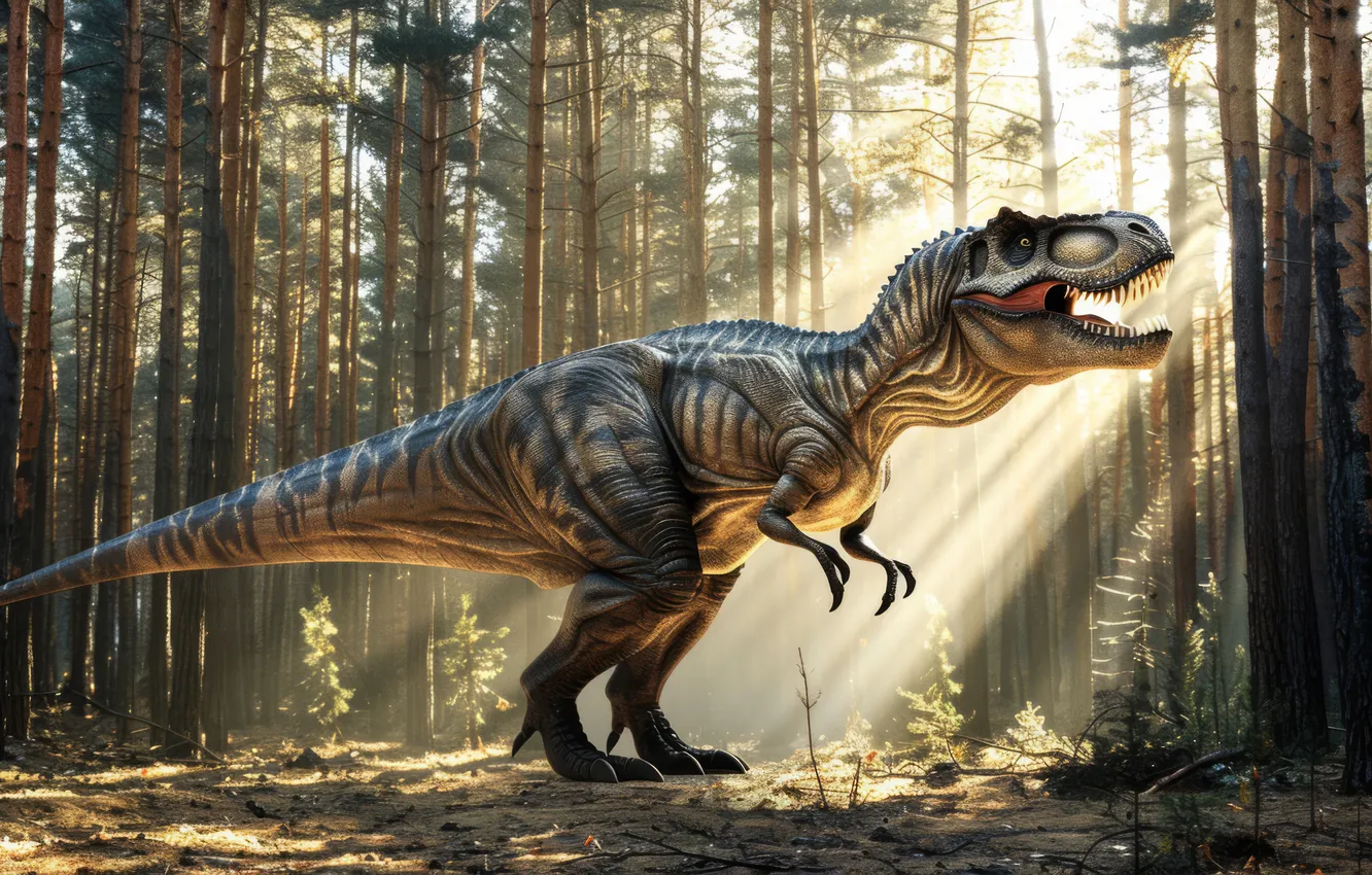 Photo wallpaper Trees, Predator, Dinosaur, Animal, The Rays Of The Sun, Digital art, Tyrannosaurus, Tyrannosaurus Rex