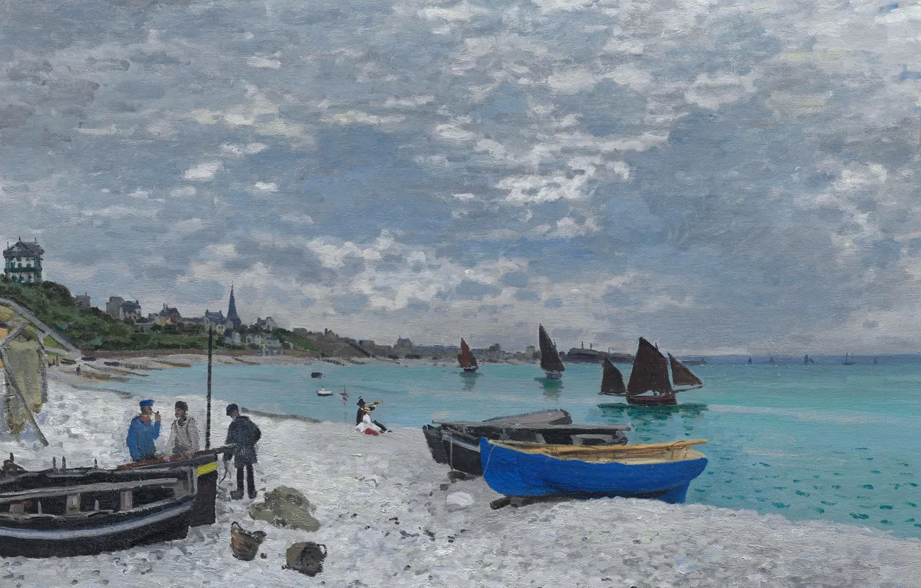 Photo wallpaper landscape, boat, picture, sail, Claude Monet, The beach at Sainte-Adresse
