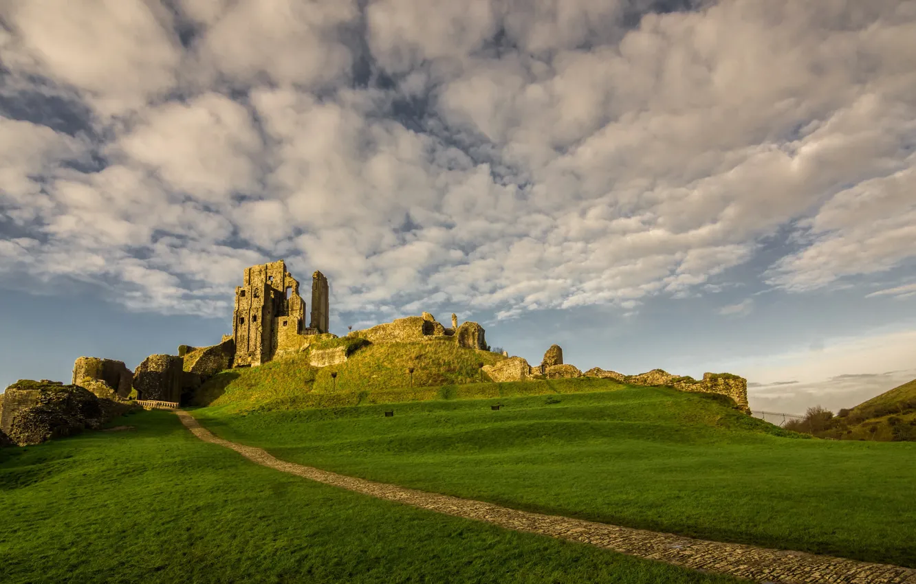 Photo wallpaper castle, England, ruins, Dorset, Corfe Castle