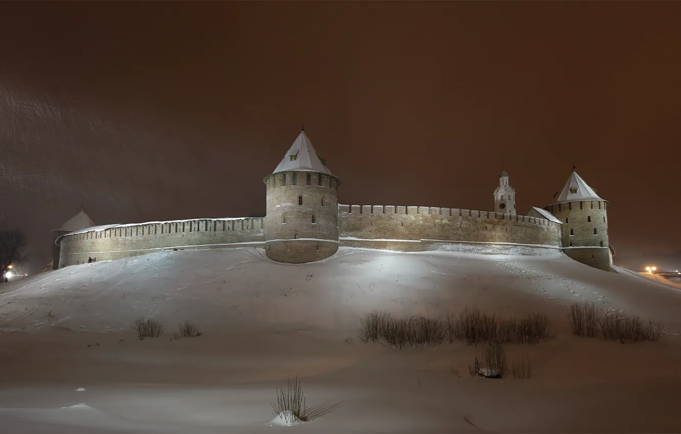Photo wallpaper winter, the sky, snow, night, the city, wall, tower, the Kremlin