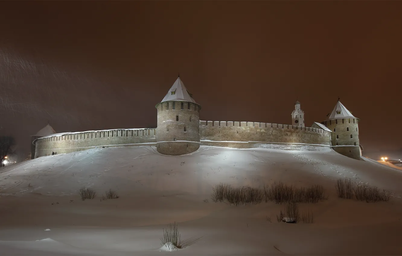 Photo wallpaper winter, the sky, snow, night, the city, wall, tower, The Kremlin