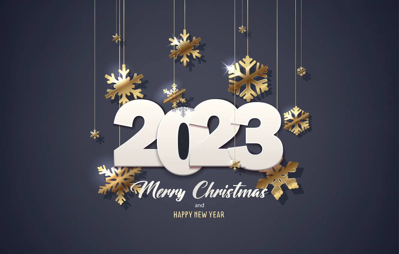 Photo wallpaper snowflakes, lights, the inscription, new year, figures, gold, white, gold plated