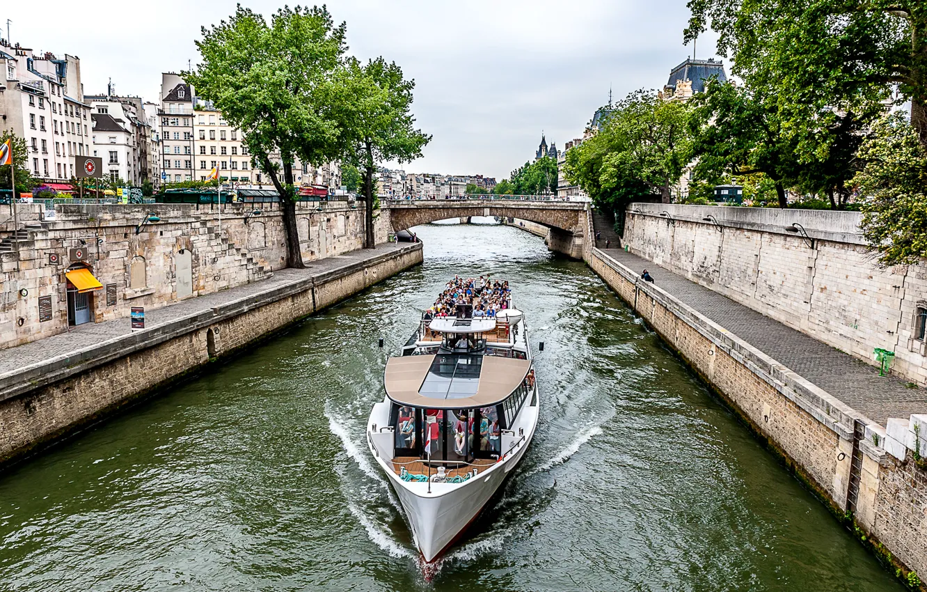 Photo wallpaper the sky, trees, bridge, river, France, Paris, ship, home