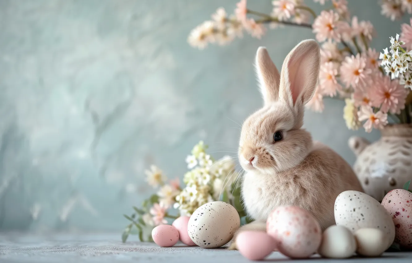 Photo wallpaper holiday, eggs, spring, rabbit, Easter, painted, eggs, AI art