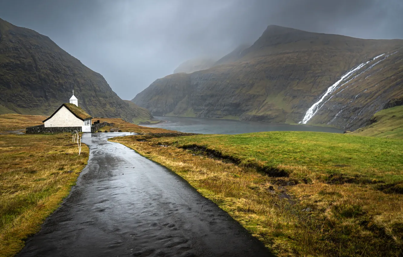 Photo wallpaper road, mountains, fog, overcast, Bay, house, chapel, the fjord
