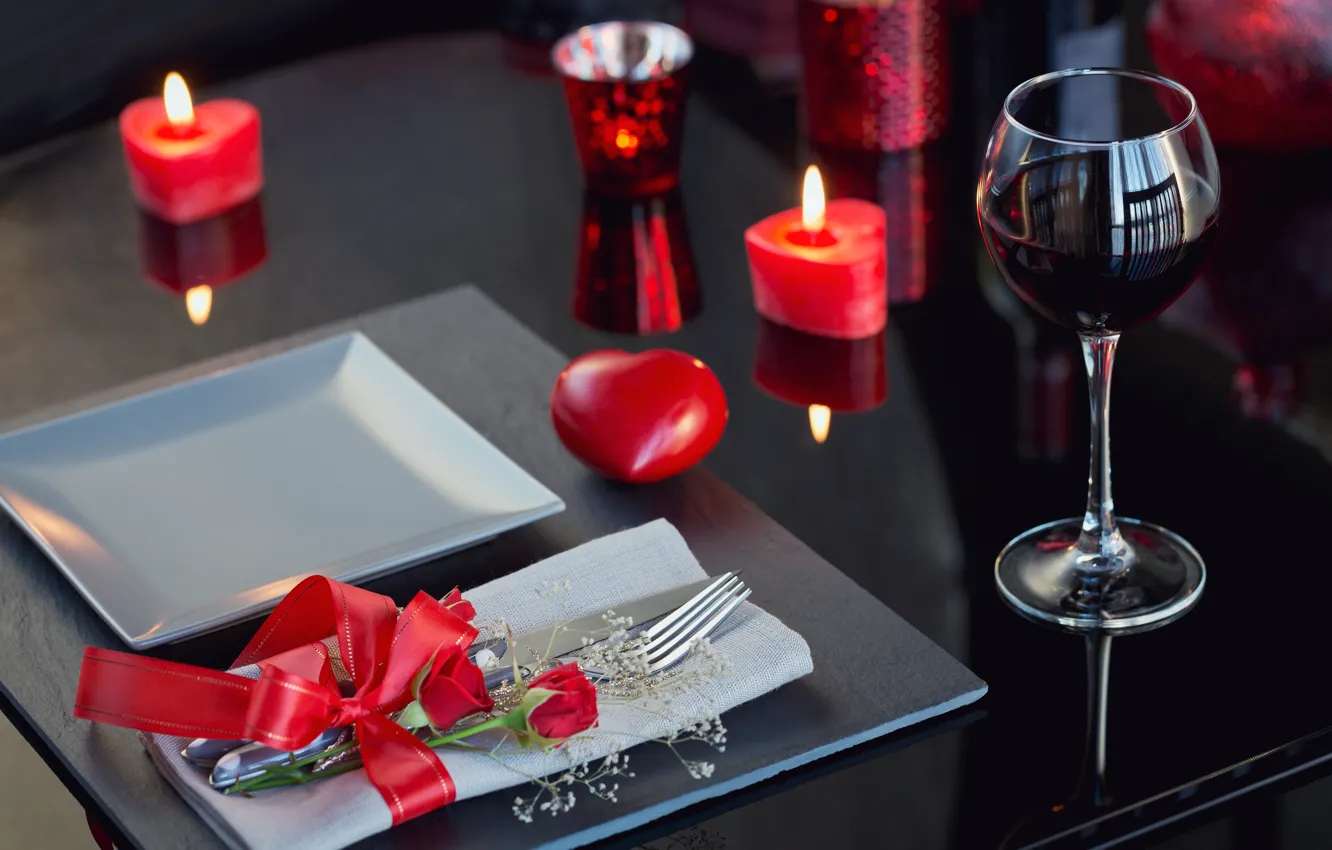 Photo wallpaper wine, roses, candles, heart, glasses, gifts, Valentine's day, hearts