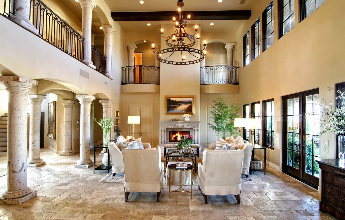 Photo wallpaper Villa, interior, columns, fireplace, luxury, living room, hall