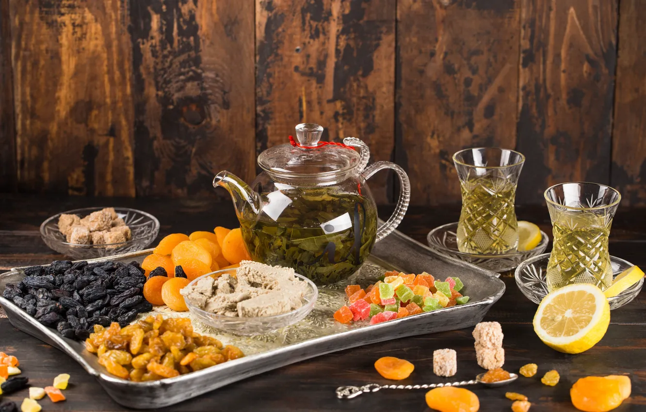 Photo wallpaper lemon, tea, lemon, tea, cuts, dried fruits, assorted, dried fruits