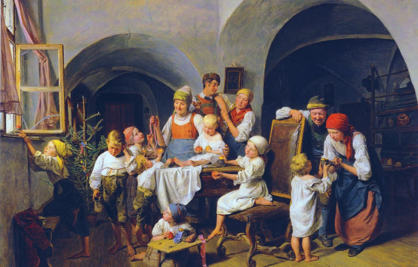 Photo wallpaper children, people, picture, Christmas, Ferdinand Georg Waldmuller, Ferdinand Georg Waldmüller, Austrian painter, Christmas Morning