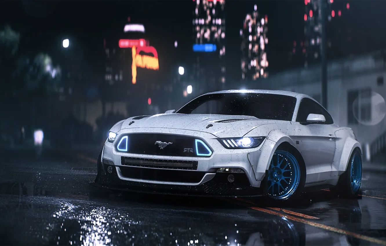 Photo wallpaper Mustang, Ford, Car, Front, Night, RTR, Rain, 2016