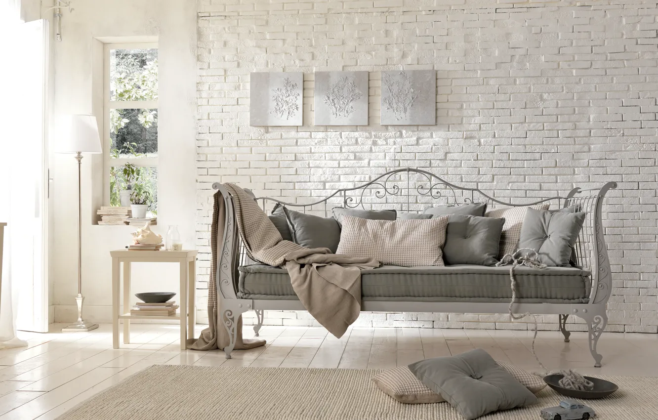 Photo wallpaper sofa, interior, brick, forging, country