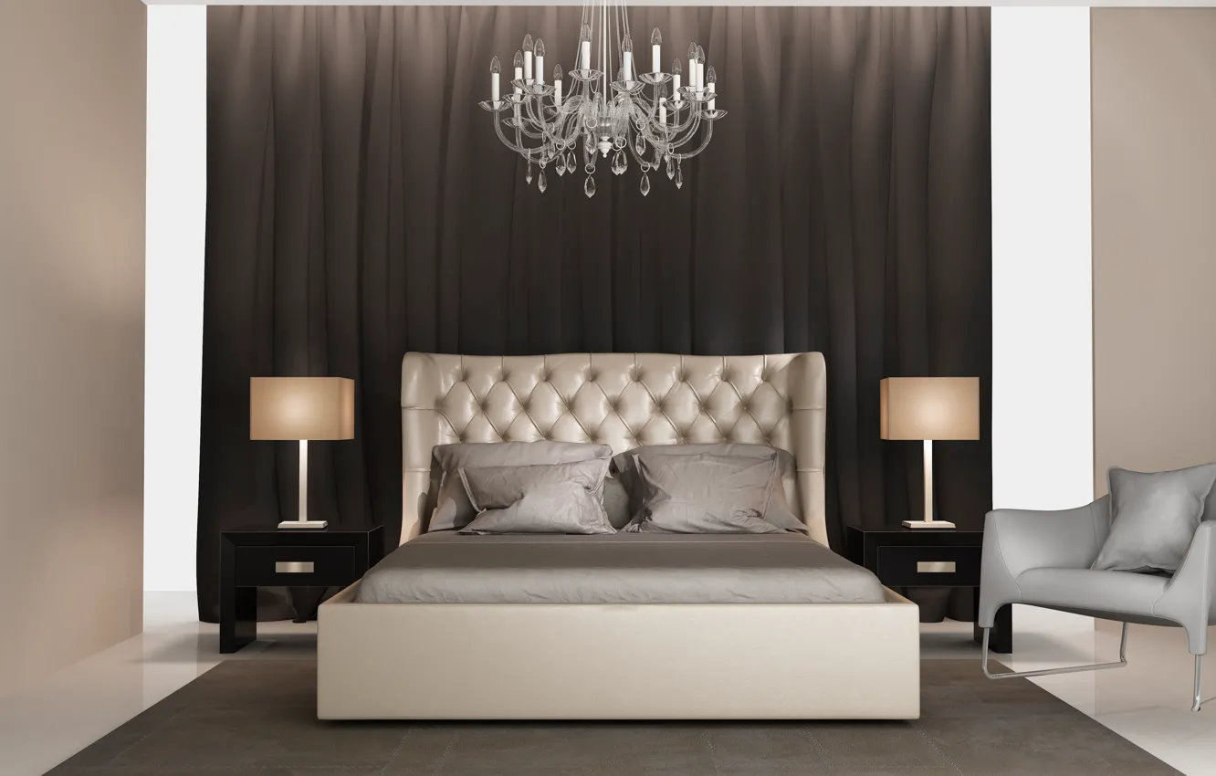 Photo wallpaper design, bed, interior, chandelier, bedroom, Mihalis A.