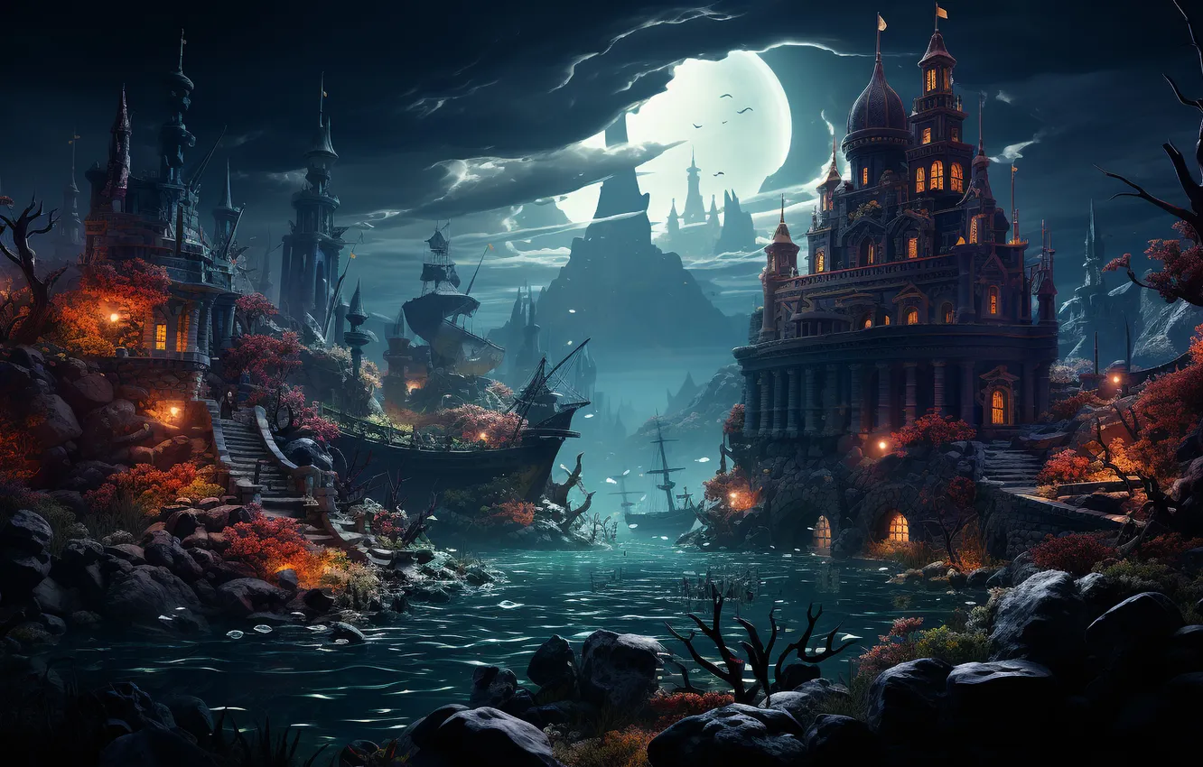 Photo wallpaper road, clouds, trees, night, lights, the moon, home, Halloween