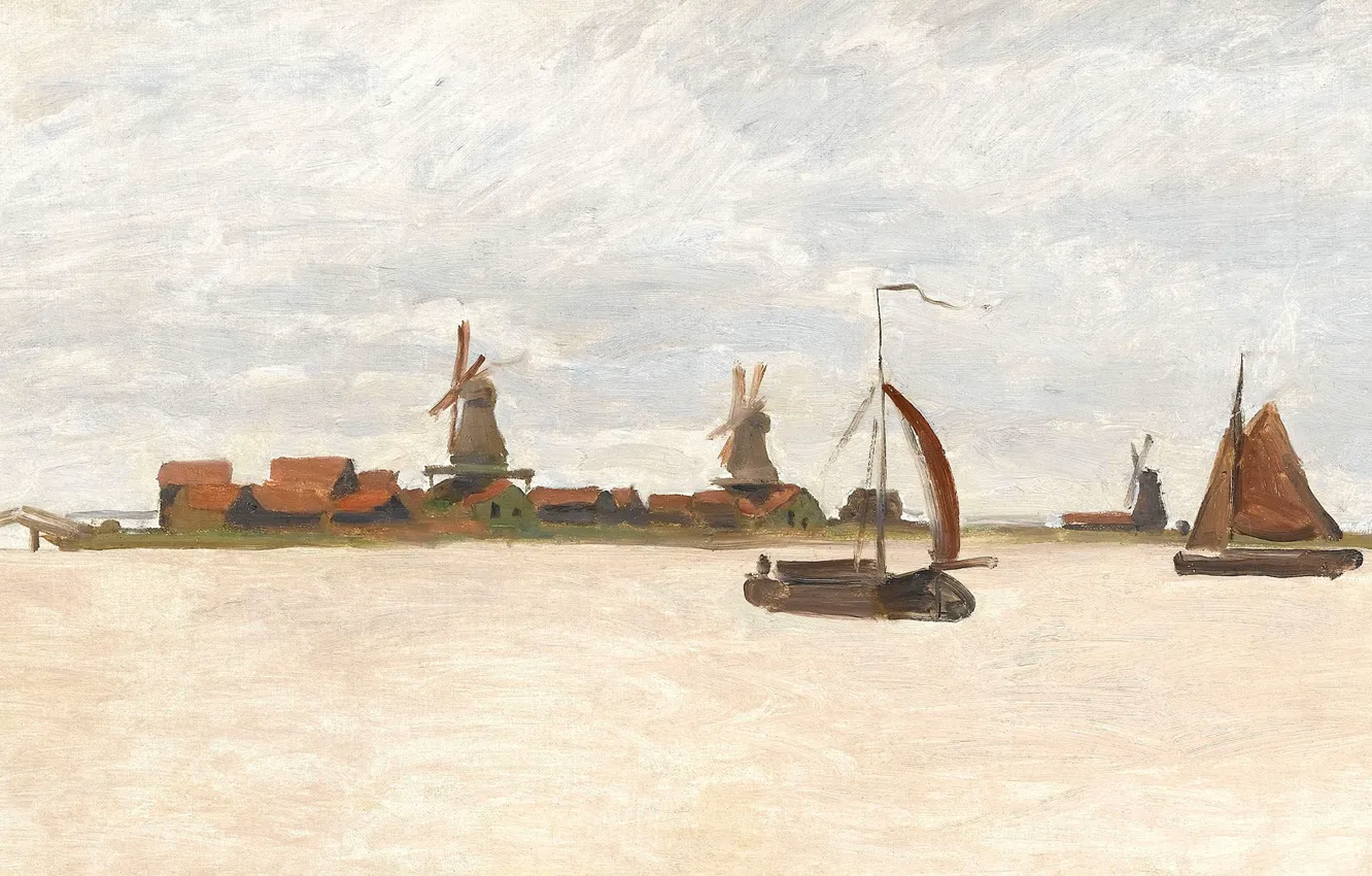 Photo wallpaper landscape, boat, picture, sail, Claude Monet, windmill, The Voorzaan
