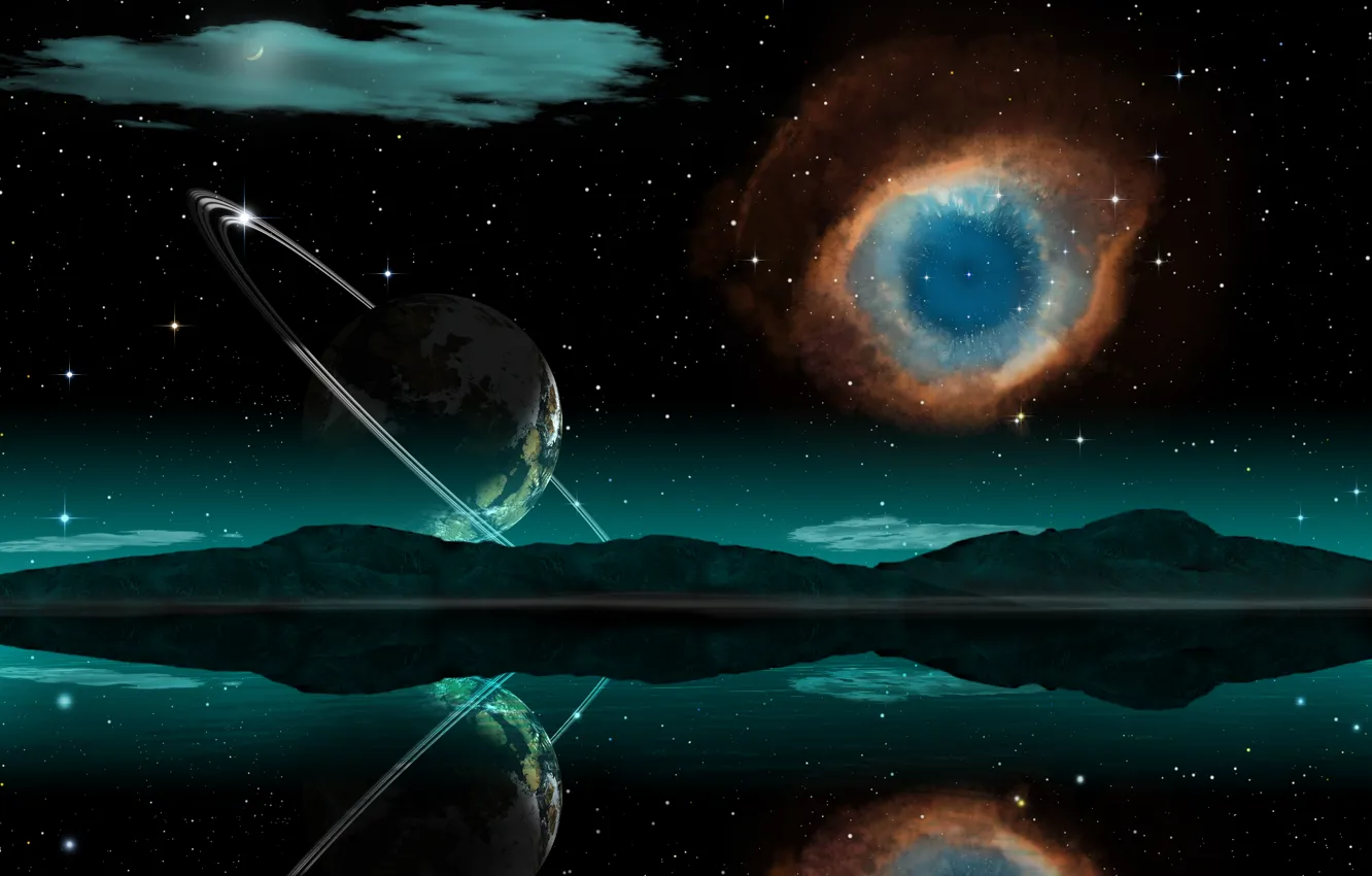 Photo wallpaper the sky, stars, mountains, nebula, reflection, planet, orbit